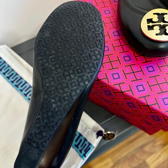 Like New! Tory Burch Sally Black Wedge with Gold Emblem - Picture 9 of 10
